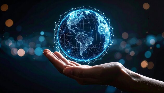 A hand holds a digital representation of Earth