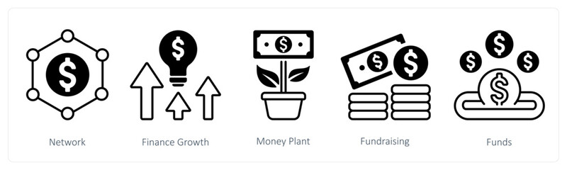 A set of 5 mix icons as network, finance growth, money plant