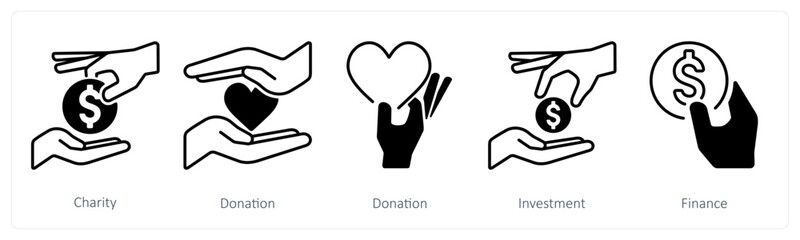 A set of 5 mix icons as charity, donation, investment