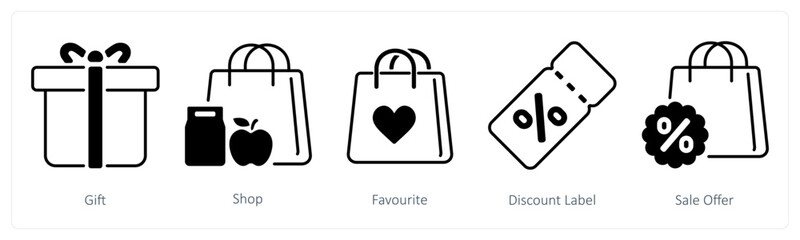 A set of 5 mix icons as gift, shop, favorite