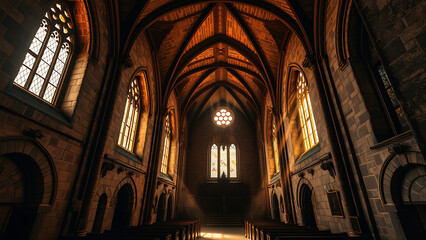 Obraz premium Interior view of a church with gothic architecture, stained glass windows, and wooden pews