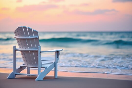 Serene Beach Escape A White Adirondack Chair Beckons on the Sandy Shoreline as Gentle Waves Meet the Horizon Under a Pastel Sunset Sky - Powered by Adobe