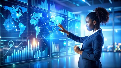 African American businesswoman interacts with holographic data visualization interface - Powered by Adobe