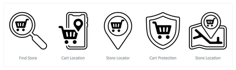 A set of 5 mix icons as find store, cart location, store locator