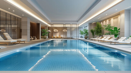 Obraz premium interior of modern swimming pool at home design professional photograpphy pool. 3d rendering and,Side view of a swimming pool in a modern house. 3d rendering