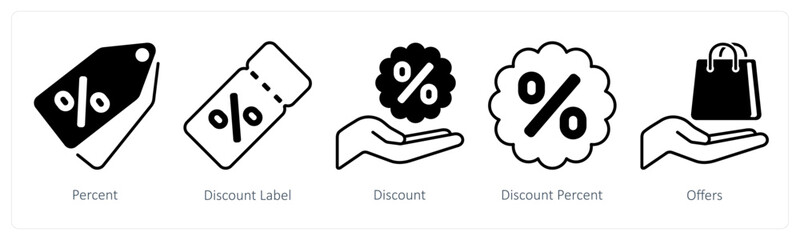 A set of 5 mix icons as percent, discount label, discount