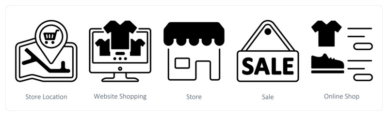 A set of 5 mix icons as store location, website shopping, store