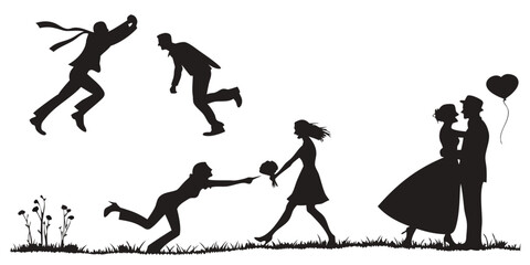 Silhouette illustration of contrasting life stages, from pursuit to commitment