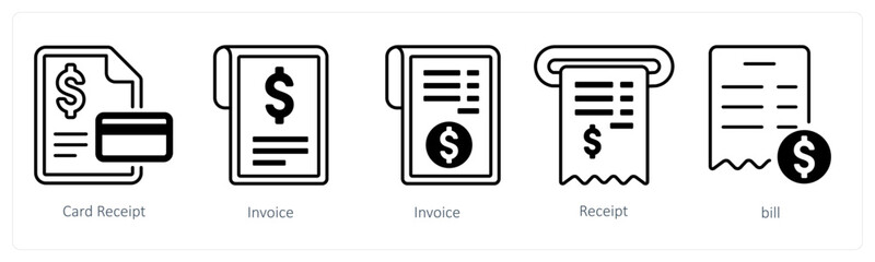A set of 5 mix icons as card receipt, invoice, receipt