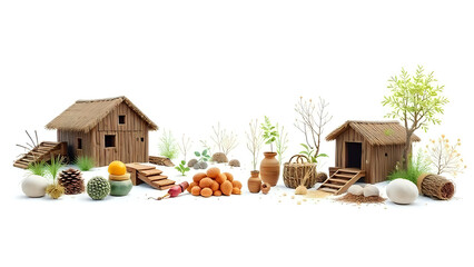 Idyllic rural farmhouse scene with chickens and produce