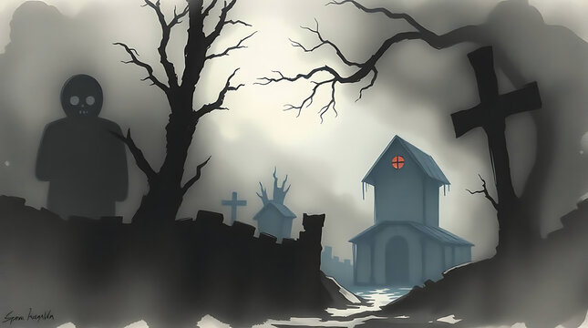 A misty graveyard scene with shadowy figures and a haunted house on Halloween night