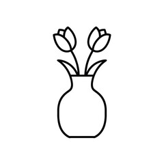 Simple black outline drawing of two tulips in a vase on a white background