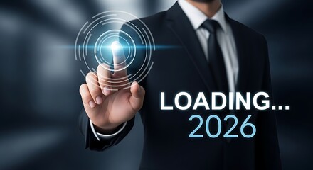 Businessman touching futuristic interface suit finger