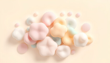 Abstract composition of puffy soap-bubble-like elements in pastel color palette, isolated on a cream background