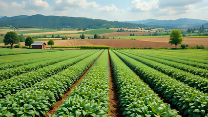 Serene farmland: rows of lush crops and rolling hills