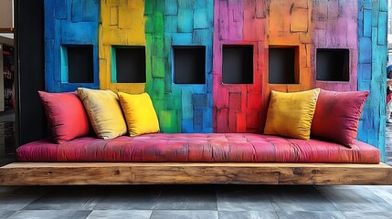 Colorful sectional sofa against a vibrant rainbow wall.