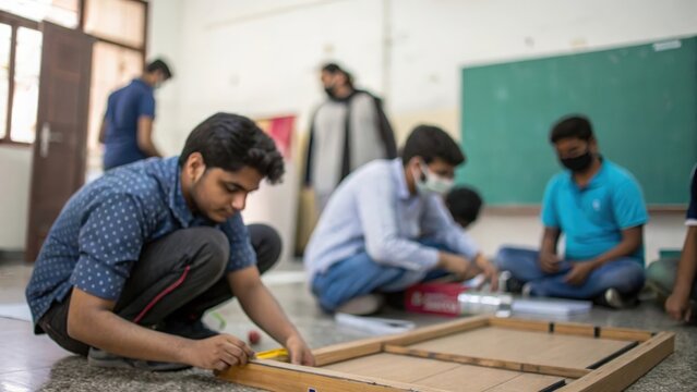 Indian student team assembling props for classroom roleplay assignment	
