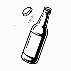 Black and white illustration of an open glass bottle with a cap and bubbles