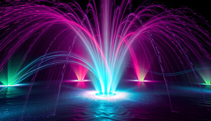 Abstract long-exposure water fountain with neon light trails, flowing lines and vibrant color swirls, dark background