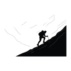 Fototapeta premium Lone hiker with backpack and pole climbs steep mountain slope silhouette