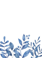 Watercolor blue leaves, floral background for greeting card, invitation and other printing design. Isolated on white. Hand drawing.	