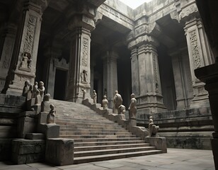 Ancient Stone Staircase and Statues in a Grand Temple
