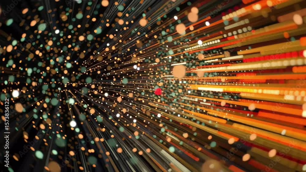 Poster data processing visualization showing dynamic flows of information in vibrant colors on a black back