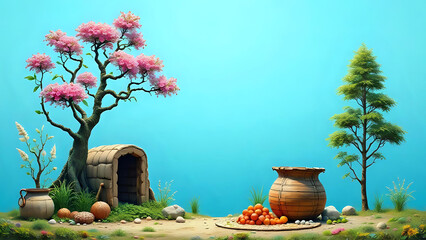 Serene spring landscape: pink blossoms, clay pots, and a hut