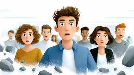 A diverse group of people looks shocked and surprised as rocks float and break apart around them.