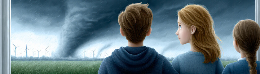 Three people watch a tornado with swirling clouds and wind turbines in the distance during a stormy day.