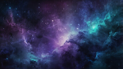 Obraz premium A vibrant nebula with swirling clouds of purple, blue, and teal, dotted with distant stars.