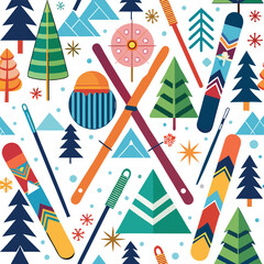 Winter Wonderland Ski Pattern A Festive Seamless Design Featuring Ski Equipment, Mountains, and Winter Trees