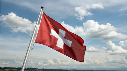 Swiss Flag Waves: Majestic Swiss Cross Under Blue Sky