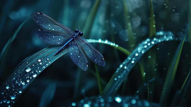 Blue dragonfly resting delicately on a dew-kissed grass leaf in a tranquil natural setting, A beautiful blue dragonfly lying on a leaf of grass with dew in the morning