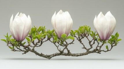 Three delicate white magnolia blossoms on a gracefully curved branch, set against a neutral background.