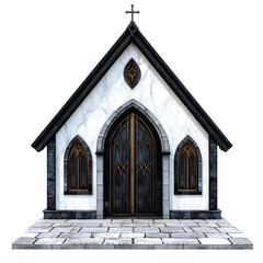 Fototapeta premium Small White Gothic Chapel with Dark Roof Arched Windows and Stone Platform