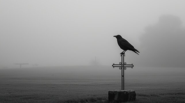 Single crow perched on iron cross, minimalist graveyard fade into fog