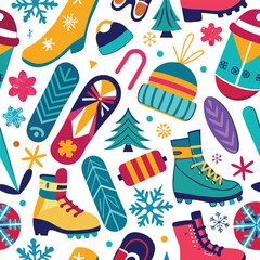 Winter Wonderland Seamless Pattern Snowboard, Ski Boots, and Festive Fun