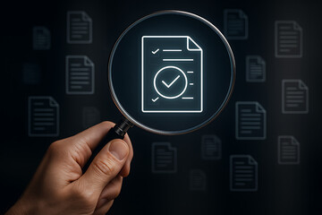 digital document validation, quality assurance, document auditing, magnifying glass, digital checklist, document review, audit icon, compliance check, inspection, digital QA, modern auditing, quality 