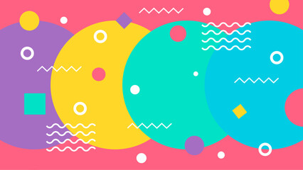 Colorful overlapping circles and geometric shapes on a pink background. Suitable for vibrant and modern design projects, marketing materials, and web designs.