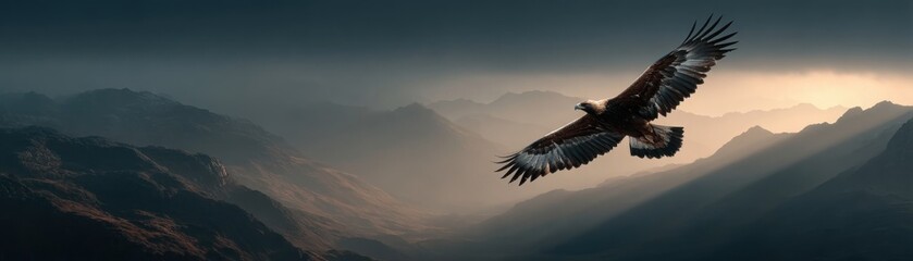 Fototapeta premium A large bird soars gracefully over misty mountain ranges during a moody sunset, highlighting nature's vastness and freedom.