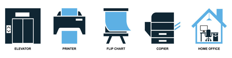 Set office icon vector, a comprehensive collection of business and workspace symbols. Perfect for illustrating corporate environments, productivity tools, and administrative tasks.