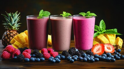 Three delicious smoothies with fresh berries and tropical fruits.