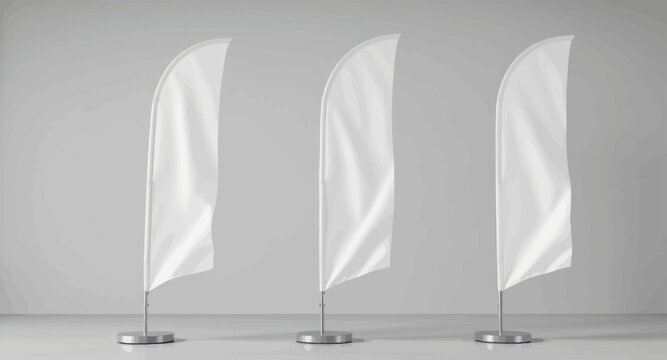 Set of Three Blank Vertical Flags Displayed in an Empty Studio Space