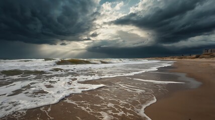 Fototapeta premium Desolate beach before a storm, foamy waves pounding the shore, strong wind blowing sand, dramatic cinematic clouds