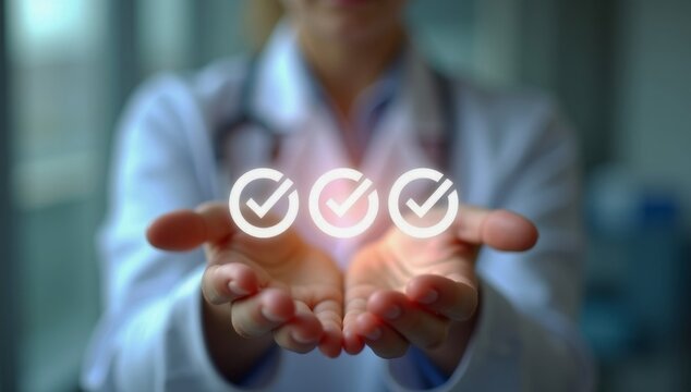 Control and quality in medicine doctor holding a glowing heart, symbolizing the future of health connection and global network technology