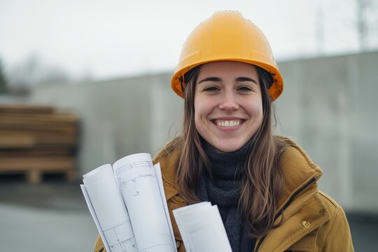 A smiling female contractor wearing a hard hat, holding rolled-up blueprints with confidence, clean and professional composition, copy space, natural color, minimalism, stock photography