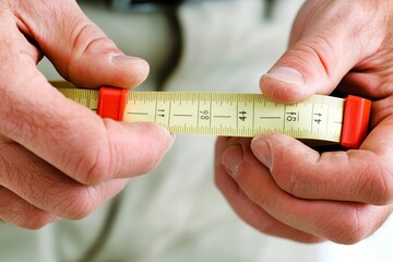 A close-up of a contractor's hands holding a measuring tape and marking construction materials, clean and professional composition, copy space, natural color, minimalism, stock photography
