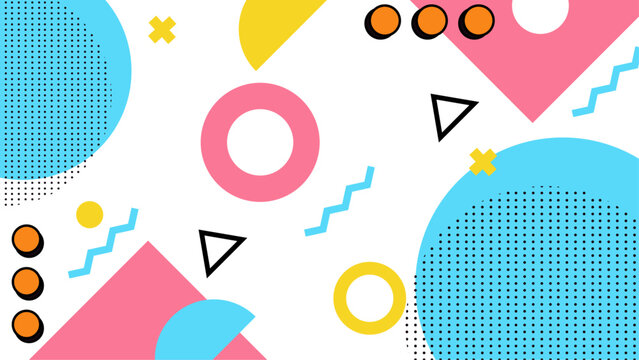 Colorful 80s style geometric abstract design suitable for backgrounds, posters, retro themes, brand identities, and promotional materials. Vibrant and eye-catching.