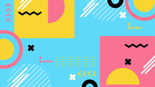 Vibrant 80sstyle geometric abstract design suitable for posters, album covers, and digital backgrounds for retro themed projects.